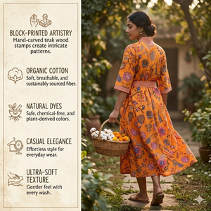 Bata Kimono de Algodón con Estampado Floral Naranja Hecha a Mano, Cuello en V, Mangas Largas, Ribete en Contraste, 2 Bolsillos, Cordón Ajustable, Largo, para el Hogar - Product Image 5