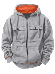 Unisex Zip Hoodie French Terry 100% Cotton Heavyweight Fleece Utility <b>Jacket</b> Contrast Lined Sweatshirt Workwear Double Pocket - Product Image 1