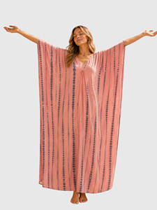 Robe longue kaftan tie-dye rose pour femme, col en V, coupe ample, style kimono, paréo de plage - Product Image 6