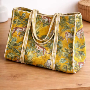 Quilted Cotton Geometric Pattern <b>Tote</b> <b>Bag</b> with Zipper Closure Spacious Lightweight Shopping and Travel Carryall for Everyday Use - Product Image 1