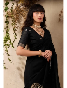 Sari de algodón Muga negro metálico KV con blusa sin coser - Product Image 5