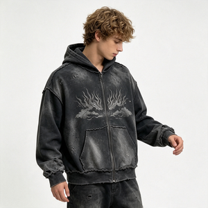 <b>Black</b> Heavyweight Zip Hoodie Vintage Wash Distressed Flame Print Acid Wash Streetwear Dirty Spray Effect Cotton <b>Fleece</b> - Product Image 4