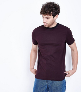 T-shirt en coton pour homme, coupe classique, violet foncé, col rond, manches courtes, bordure contrastée, style décontracté, tissu jersey - Product Image 4