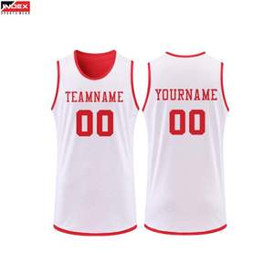 Maillot de basket INDEX SPORTSWEAR blanc et rouge, personnalisable avec nom et numéro d'équipe, sublimé, en mesh, sans manches, unisexe, adulte, coupe classique - Product Image 1