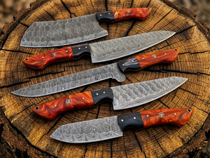 Juego de Cuchillos de Chef de 5 Piezas de Acero de Damasco Hecho a Mano, Mango de Resina Exótica Marrón, Filo Afilado como una Navaja, con Funda de Cuero - Product Image 2