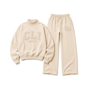 Custom Chenille Embroidery Women’s Mock Neck Sweatshirt & <b>Oversized</b> <b>Sweatpants</b> Set High Street Fleece Wholesale Streetwear - Product Image 5