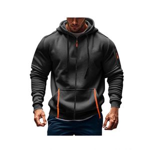 Sweat-shirt à capuche zippé bleu marine pour homme, coupe classique, couleur unie, avec accents orange, vêtements de sport décontractés, style automne - Product Image 6