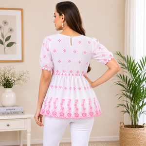Blusa Premium para Mujer, Personalizada con Bordado Floral, de Algodón, con Peplum, Manga Corta, Casual, Holgada, para Verano, Venta al Por Mayor, OEM, ODM - Product Image 6