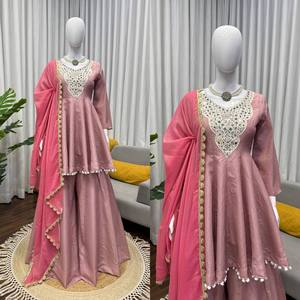 TOP PLAZZO Moderne, Robuste, en Soie COSMOS, avec Broderie Miroir et Fil, Ensemble Dupatta, Séchage Rapide, Décontracté Plage, Toutes Saisons - Product Image 6