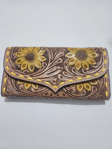 Porte-monnaie sculpté usiné à la main pochette coque de téléphone nouveau Design fleur de soleil couleur jaune portefeuille pour femmes portefeuilles en cuir occidental - Product Image 2