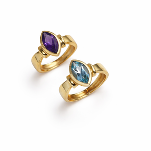 Bague en laiton ovale à facettes sertie d'améthyste, taille fixe, style glamour minimaliste, bijou fait main pour femme - Product Image 1