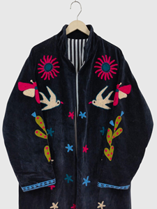 Manteau long pour femme en velours brodé à la main, grande taille, avec motif cœur et œil, col montant, manches longues, veste en polaire pour l'hiver - Product Image 5