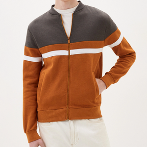 Men Color Block <b>Zip</b>-<b>Up</b> Sweatshirt Regular Fit Knitted Stand Collar Casual Autumn Style Orange Gray <b>White</b> Stripes - Product Image 1