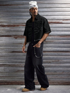 <b>Mens</b> Denim <b>Shirt</b> Washed Black Raw Edge Frayed Applique Cropped Short Sleeve Boxy Streetwear Distressed - Product Image 5