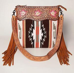 Bolso bandolera y de hombro para mujer, hecho a mano con cuero genuino y lana azteca, con flecos - Product Image 3