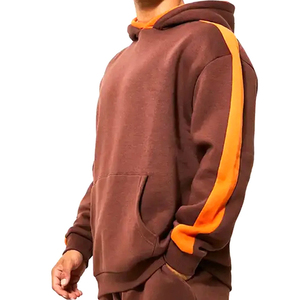 Survêtement à capuche marron pour homme, manches longues, couleur unie, coupe décontractée avec poches latérales à rayures orange, tenue d'automne - Product Image 5