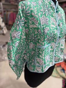 Green Floral Printed <b>Quilted</b> Cotton <b>Jacket</b> With Mandarin Collar Full Sleeve Autumn Women's Wear GIFT FOR HER - Product Image 2