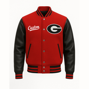 Custom Georgia Red Varsity <b>Jacket</b> Men's PU Leather Sleeve College Letterman Bomber Embroidery G Logo Front <b>Patch</b> Design High - Product Image 1