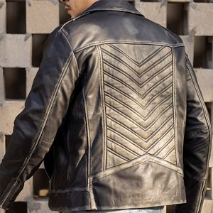 <b>Men's</b> Genuine <b>Leather</b> Moto <b>Jacket</b> with Zipper Closure Stand Collar Vintage Style Embroidered Canvas Autumn Regular Fit - Product Image 3
