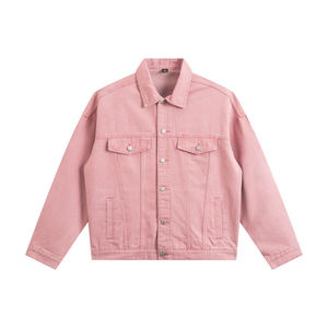 Veste en jean rose personnalisée pour hommes et femmes, coupe oversize, style streetwear, délavée, décontractée, unisexe, en coton, épaules tombantes - Product Image 1