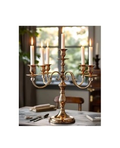 Traditional brass tone metal <b>candelabra</b> for vintage interior design theme or temple candle lighting ceremony - Product Image 6