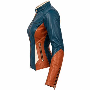 Darkry Custom <b>Womens</b> Teal Blue Cognac <b>Brown</b> Genuine <b>Leather</b> Racing <b>Jacket</b> Real Cowhide Motorcycle Biker Rider Sportswear Apparel - Product Image 4