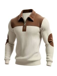Men's White Knitted Quarter Zip Sweater With Brown Leather Collar And Elbow <b>Patches</b> Regular Fit Casual Autumn Wear - Product Image 6
