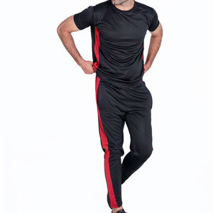 T-shirt d'entraînement long pour homme, noir et rouge, à rayures latérales, coupe ajustée, écologique, respirant, 100 % polyester - Product Image 6