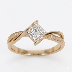 Bague de fiançailles en or jaune 14K/18K avec diamant taille princesse, bande torsadée croisée unique, bague de mariage solitaire pour femme - Product Image 3