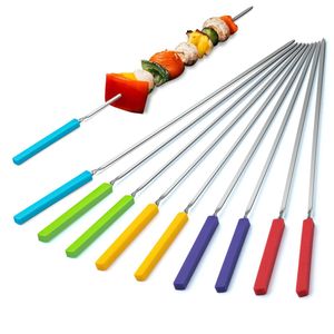 Brochetas largas de acero inoxidable para cocinar al aire libre con mango de madera y fácil limpieza después del uso en barbacoas - Product Image 1