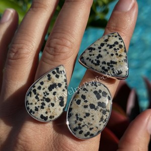 Anillo de Plata de Ley 925 con Jaspe Dálmata, Estilo Bohemia para Mujer, con Engaste de Bisel, Piedras Naturales de Formas Mixtas, para Uso Diario - Product Image 2