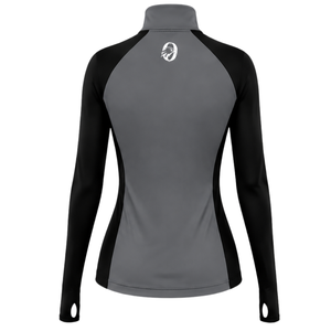 Haut de sport athlétique pour femme, gris anthracite et noir, à quart de zip, manches longues, avec passe-pouce, coupe ajustée, pour la course et la gym - Product Image 2