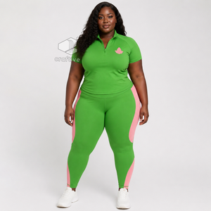 Alpha | Kapa |Alpha <b>Women's</b> Workout Set Quarter Zip Top <b>Short</b> Sleeve High Waist <b>Leggings</b> With Pink Stripe Sports Activewear Set - Product Image 6