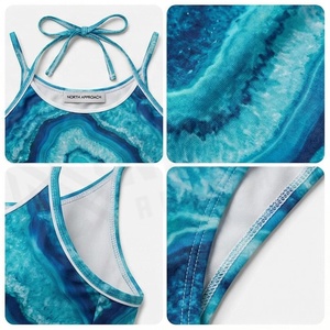 Women's <b>Blue</b> Agate Print Swimdress Halter Neck Tie Side Asymmetric Wrap One Piece Stretch Beachwear - Product Image 4