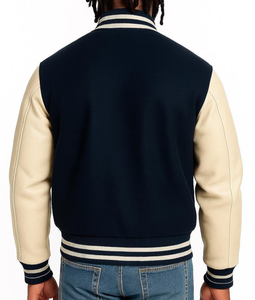 Veste de sport bleu marine pour homme avec manches en cuir crème, col rabattu, fermeture à boutons, style preppy, vêtement d'automne - Product Image 4