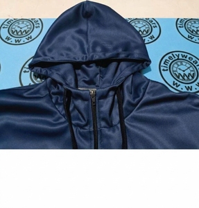 Men's <b>Navy</b> Blue Hooded Zip-Up <b>Sweatshirt</b> Regular Fit Solid Color Casual Windproof Satin Jacket Autumn Wear - Product Image 2