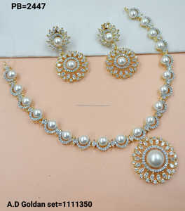 Classic Stylish Motipearl With American Diamond Flower Design <b>Silver</b> Gold Plated Single Layer <b>Jewlery</b> With Earring Necklace <b>Set</b> - Product Image 2