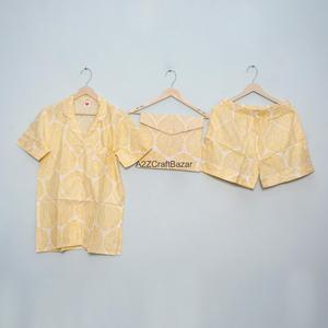 Ensemble de pyjama court pour femme en coton pur 100% respirant et doux, imprimé fleuri, col en V, fermeture à cordon, été - Product Image 3