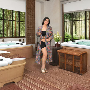 ชุดคลุมอาบน้ำผ้าฝ้ายพิมพ์ลายดอกไม้แบบยาวสไตล์กิโมโนพร้อมสายผูกเอว สไตล์โบฮีเมียน เหมาะสำหรับใส่ไปชายหาดในช่วงฤดูร้อน - Product Image 1