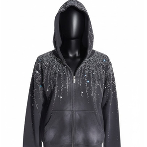Sweat à capuche personnalisable pour femme avec fermeture éclair ornée de strass, en molleton de coton épais, respirant et confortable, style streetwear, couleur personnalisable, meilleur prix - Product Image 5