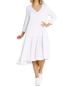 Robe longue décontractée à volants en lin et coton, col en V, coupe trapèze, manches 3/4 personnalisées, style estival naturel - Product Image 1