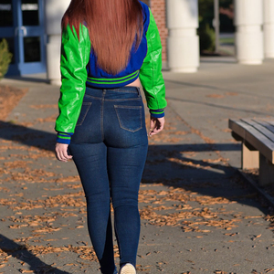 Womens Varsity Crop <b>Jacket</b> Red <b>Lime</b> <b>Green</b> Letterman Style Bomber Coat Faux Leather Sleeves Casual Outerwear Ladies Fashion - Product Image 6