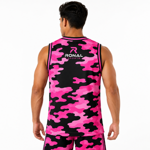 Camiseta de Baloncesto para Hombre de Alta Calidad, Color Rosa y Negro Camuflado, Talla Grande, Sin Mangas, Transpirable, de Secado Rápido, 100% Poliéster - Product Image 4