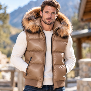 Men's Breathable Leather Puffer <b>Vest</b> with Fox Fur Hood | Genuine Leather Shell Windproof Autumn Outerwear - Product Image 6