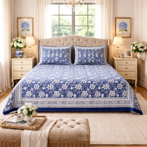 Jaipur Hand Block Printed Cotton <b>King</b> <b>Size</b> Flat Bed 3 PC Set Non Toxic Dyes Soft Breathable Durable Eco-Friendly Boho Style - Product Image 5