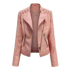 Rose fermeture éclair Moto Biker Style ajusté matelassé point cuir femmes vestes avec dentelle Accents poches zippées élégant automne vêtements d'extérieur - Product Image 1