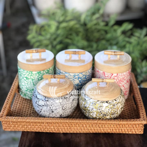 Tarro de Bambú con Incrustaciones de Madreperla, Recipiente Ecológico para Almacenamiento, Tapa de Bambú, Diseño Artesanal de Lujo, Estilo Bohemio, Utensilios de Cocina - Product Image 3