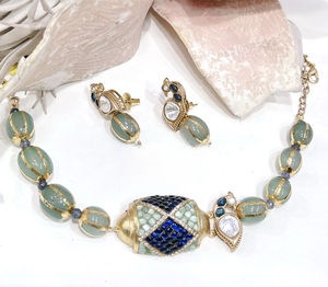 Elegant Premium Quality Brass Gold Plated Moissanite Trendy <b>Statement</b> Fusion <b>Necklace</b> Set with Earrings for Wedding & Party Wear - Product Image 3