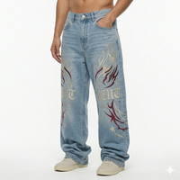 Trend 13 Oz Taşlanmış Kot Pantolon Erkek Vintage Solmuş Ağır Sokak Giyim Tarzı İşlemeli Büyük Beden Bol Özel Düz Renk Baharlık