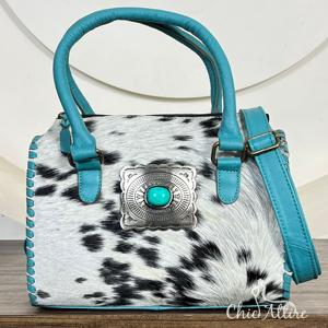 Nuevos Bolsos de Mano de Diseño Occidental para Mujer, de Cuero Vacuno Genuino con Detalles en Turquesa, Medianos, con Asa Superior, Bandolera, Bolsos de Viaje Tipo Duffel - Product Image 1